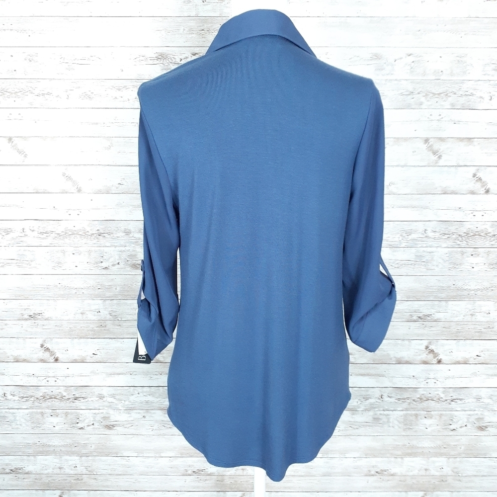 BCX Zip Front Blouse S Tab Button Sleeves Blue 923 - Picture 4 of 7
